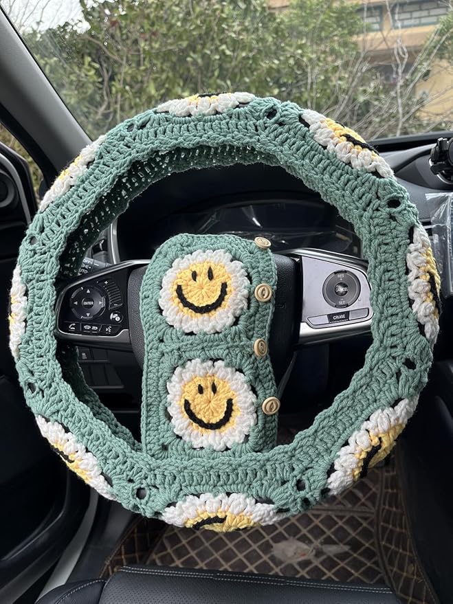 Handmade Crochet Sun Car Steering Wheel Covers Universal 14-15 inch,Cute Steering Wheel Cover,Car Accessories (Sun Wheel Cover+2belt Cover+2Coaster+Hanging)