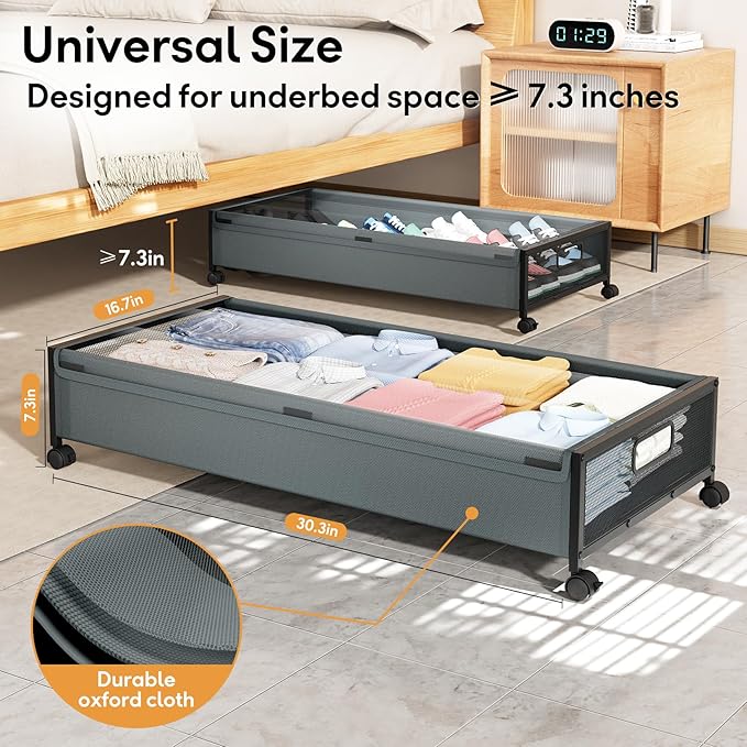 Under Bed Storage Containers with Wheels 2 Pack Underbed Shoe Storage Bedroom Storage Bins Organizer Large Capacity Under Bed
