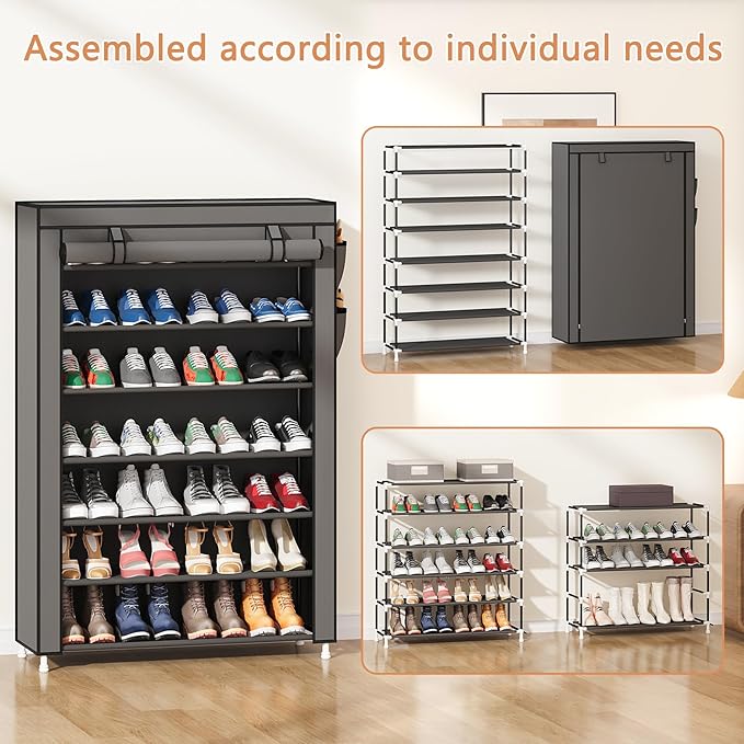 Laiensia 7-Tier Vertical Shoe Rack Organizer, Space Saving Shoe Storage Organizer, Non-Woven Cover Shoe Shelf Holds 28-35Pair