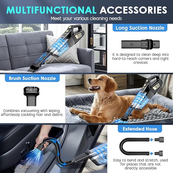 Handheld Vacuum Cordless, 15000PA Strong Suction Hand Held Car Vacuum Cleaner Portable with Multi-Nozzles & Washable Filter, 