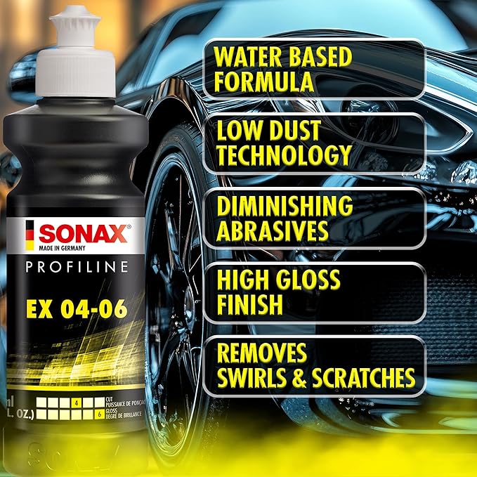 SONAX EX 04-06 Dual Action Polishing Compound | One-Step Medium Cut & High Gloss Finish | Removes Swirls, Water Spots & Oxidation | DA Polisher Safe | Silicone-Free & VOC Compliant | 242300 | 1 Liter