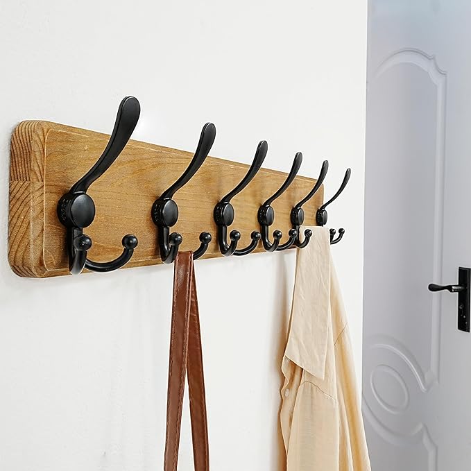 Dseap Coat Rack Wall Mounted - 24" Long 6 Tri Hooks, Heavy Duty Wooden Wall Coat Hanger Coat Hook for Clothes Hat Jacket Clot