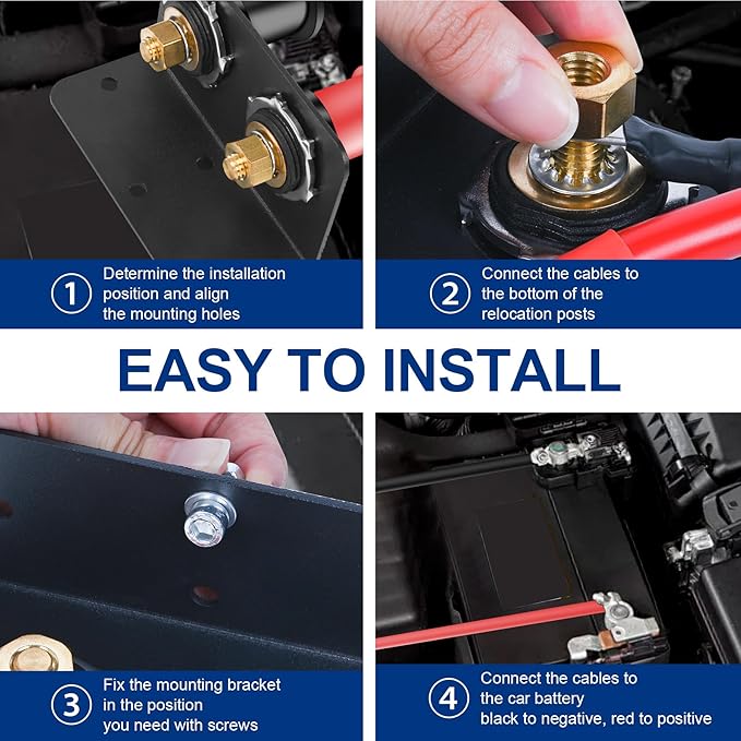 250A Remote Battery Terminals 3/8" Stud Battery Jump Post with Heavy Duty Mounting Bracket and 4AWG Cable Battery Charging Post Kit Battery Relocation Kit for UTV RV Auto Trucks Mowers Boats