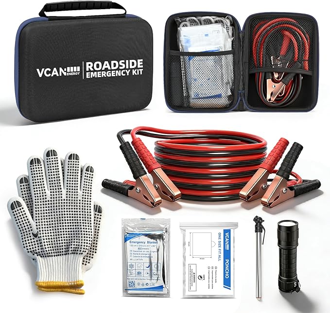 Car Emergency Safety Kit Bag with Jumper Cables, Tire Pressure Gauge, Auto Vehicle Safety Road Side Assistance Kits Essential
