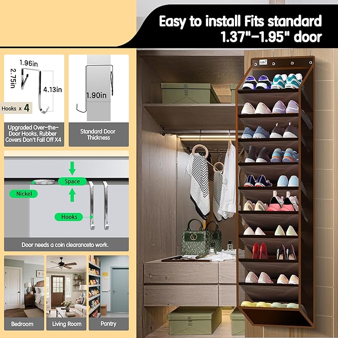 Kotkn 10 Tier Over The Door Organizer - Heavy Duty Hanging Storage Rack with Sturdy Oxford Fabric, Holds 20+ Pairs of Footwea