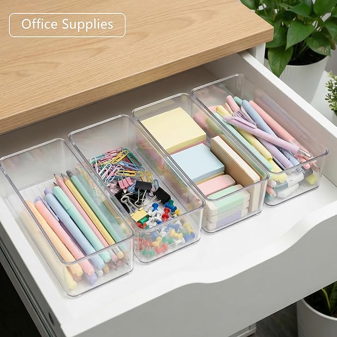 Qilinba 8 PACK Drawer Organizer Bins Bathroom Deep Drawer Organizer Tray for Cutlery Vanity Make-up, Clear Stackable Storage 