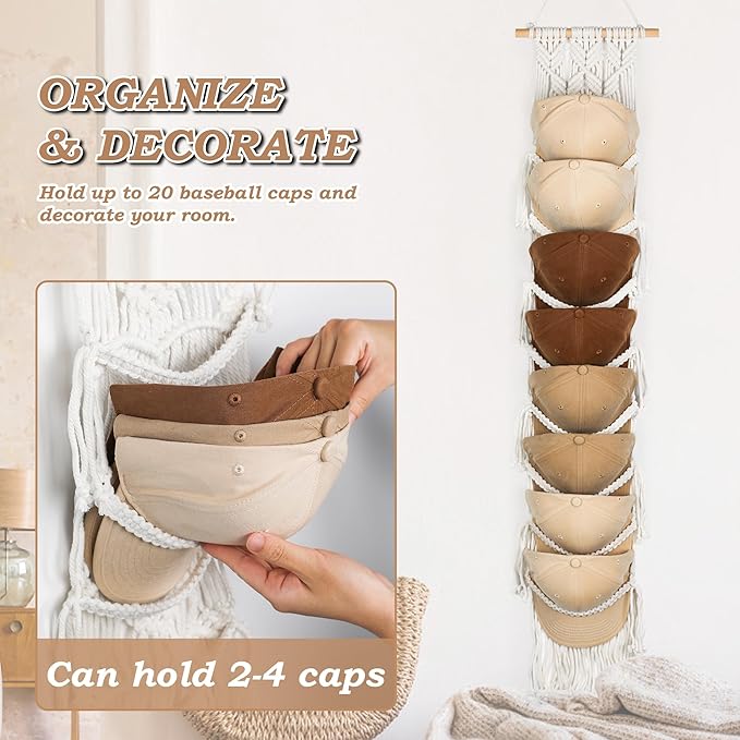 Macrame Hat Hangers for Wall Handmade Boho Baseball Cap Hanger Hand Knitting Cap Organizer Hat Holder for Wall Over Door Ball