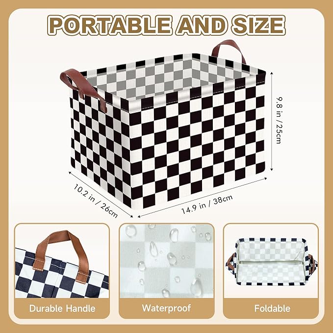 Checkered Storage Basket Waterproof Canvas Toy Storage Bin Race Car Room Decor Collapsible Outdoor Basket with Leather Handle