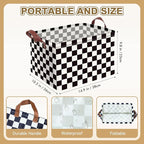 Checkered Storage Basket Waterproof Canvas Toy Storage Bin Race Car Room Decor Collapsible Outdoor Basket with Leather Handle