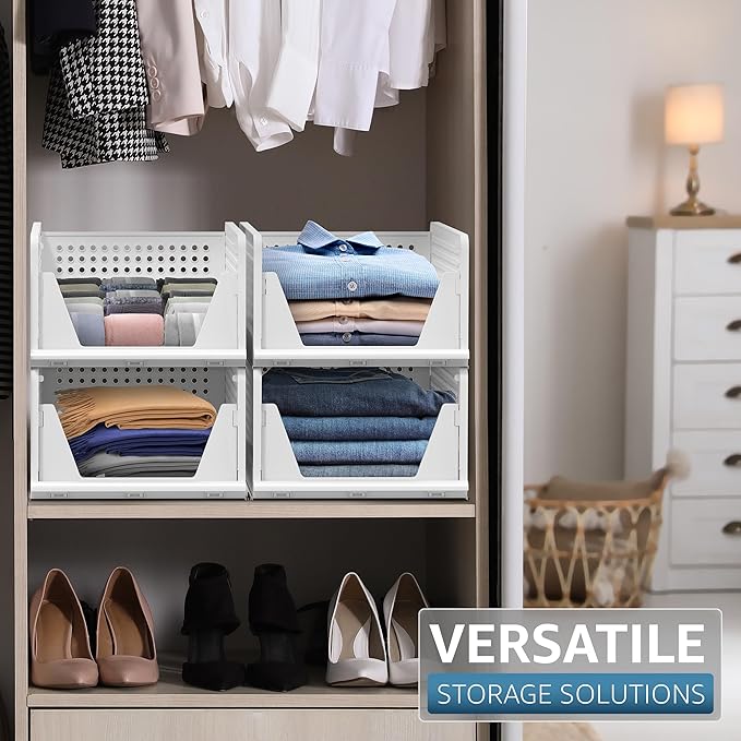 Sorbus 4 Pack Medium Shelf Organizer with Open Front Design Under Shelf for Closet Bathroom Kitchen Garage Plastic Stackable 