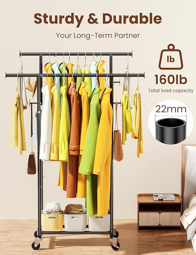 Double Rods Clothes Rack, Rolling Clothing Rack with Wheels, Metal Clothing Racks for Hanging Clothes, Portable Garment Rack 