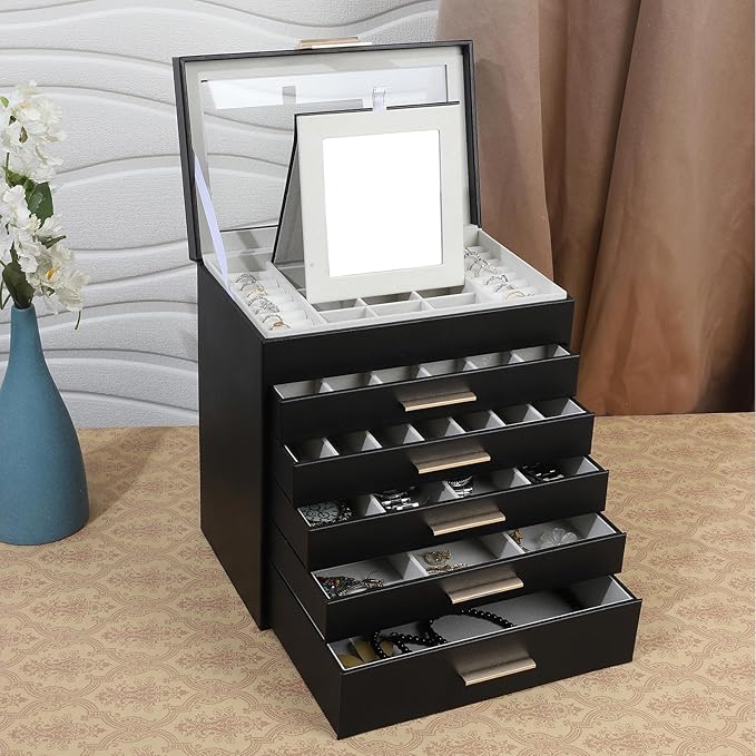 BOOVO Jewelry Boxes for Women, White and Black 6 Layer Large Jewelry Box for Necklace, Bracelet, Earrings, Rings Storage, Jew