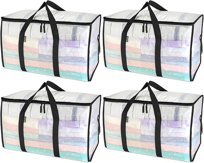 BALEINE 4-Pack Oversized Moving Bags with Reinforced Handles, Heavy-Duty Storage Tote for Clothes, Moving Supplies (Clear, 4-