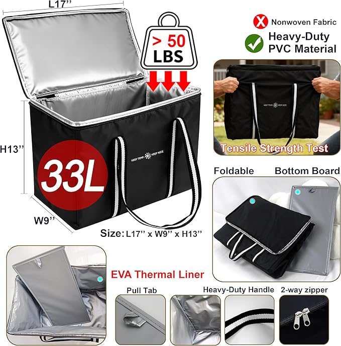 Insulated Food Delivery Bag, Large Durable Reusable Shopping Grocery Bag with Zipper – Foldable Thermal Cooler Bag for Hot & Cold Food, Pizza Delivery & Catering