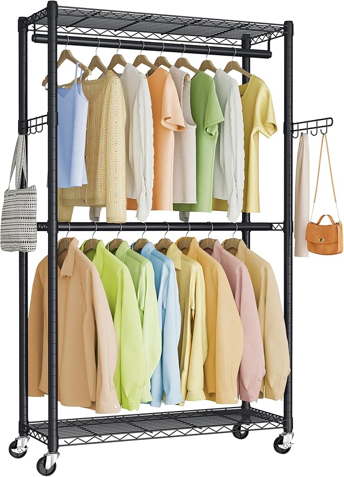 SONGMICS Heavy-Duty Rolling Clothes Rack, Garment Rack, Portable Closet on Wheels, with Adjustable Mesh Shelves and Hanging R