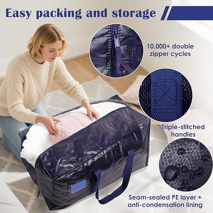6 Pack Moving Bags with Full-Open Side Zipper, Extra Large 93L Heavy Duty Waterproof Foldable Storage Totes for College Dorm,