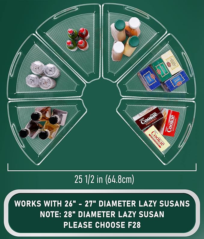 Lazy Susan Cabinet Organizer Bins for 26"/ 28"/ 32" Diameter Corner Organizer, Plastic Cabinet Storage Bin, 1/8 Wedge - Food 