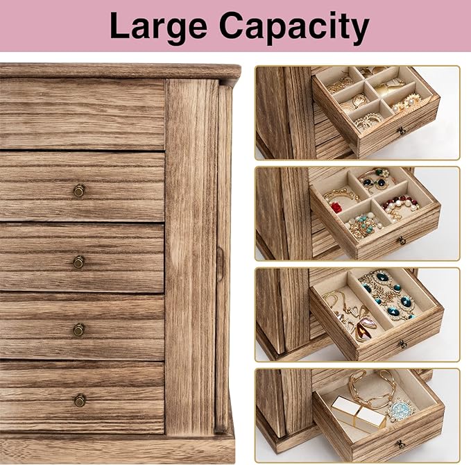 Emfogo Jewelry Box for Women, 5 Layer Large Wood Boxes & Organizers for Necklaces Earrings Rings Bracelets, Rustic Organizer 