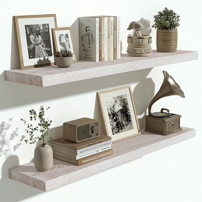 Vivelove Solid Wood Floating Shelves Set of 2, Elm Wood Wall Shelf with Invisible Bracket for Living Room Bedroom Bathroom Of