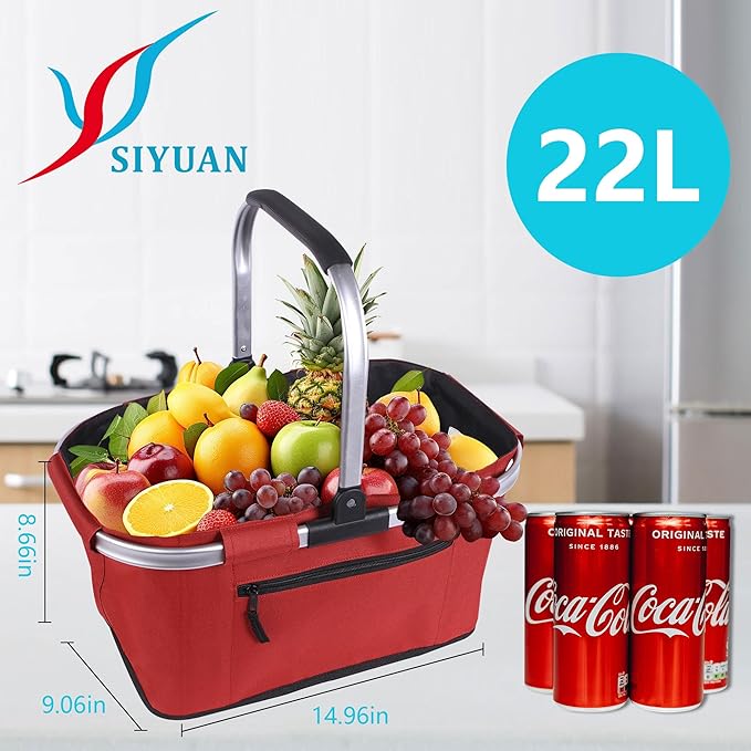 Picnic Basket, SIYUAN Shopping Basket with Handle 22L Collapsible Grocery Basket Portable Folding Bag for Marketing Picnic, R
