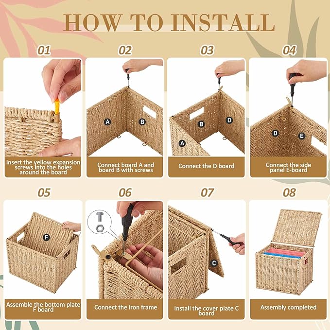 Jingmore 1 Pack Paper Rope File Box Organizers Collapsible Letter Size Filing Cabinet with Lid Woven Hanging File Basket Port