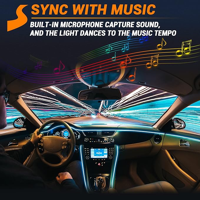Interior Car LED Strip Lights 315 inches Fiber Optic tubing USB Powered RGB 6 in 1 Car Neon with Wireless APP and Remote Control, Ambient Lighting Kits 16 Million Colors,Sync to Music