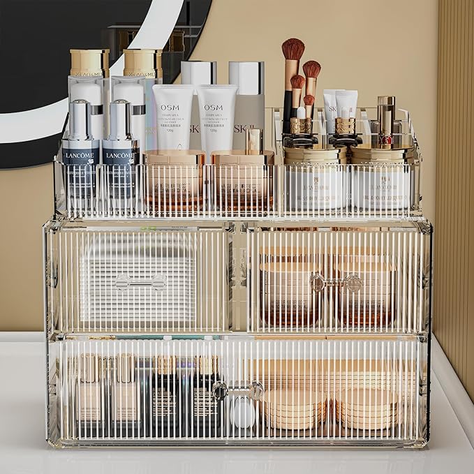 ZHIAI Stackable Cosmetic Organizer, Acrylic Cosmetic Organizer for Dresser, Vanity, Kitchen Cabinet, Bathroom, Under Sink, Ho