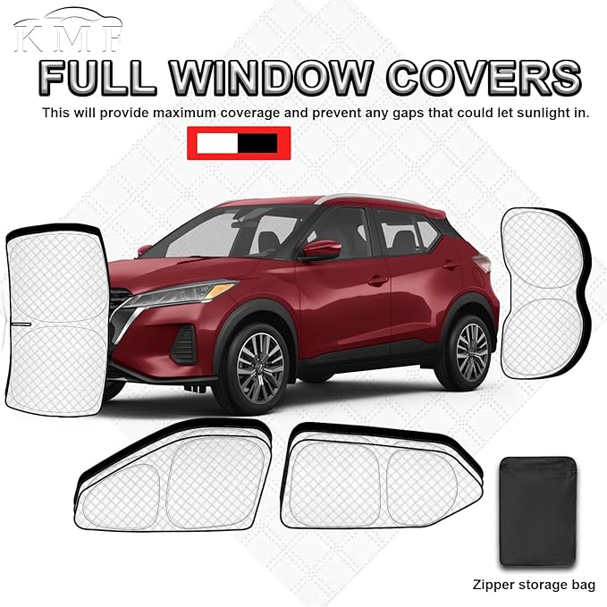 KMF 6pcs Thicken Sun Shades for Nissan Kicks 2022-2024 Accessories, Full Car Window Covers Sunshade for Windshield Side Rear, UV Block and Blackout Privacy for Car Camping Outdoor