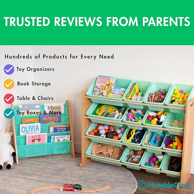 Humble Crew 4-Tier Kids Bookshelf, Natural Wood/Seafoam Green - Premium Book Shelf for Kids Rooms with Four Deep Pockets - To