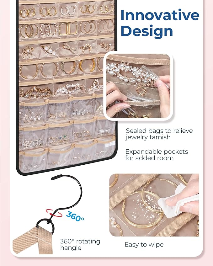 BAGSMART Hanging Jewelry Organizer, Necklace Holder Anti-tangle Earrings Rings Hanger with Pockets Hang on Closet, Wall, Door