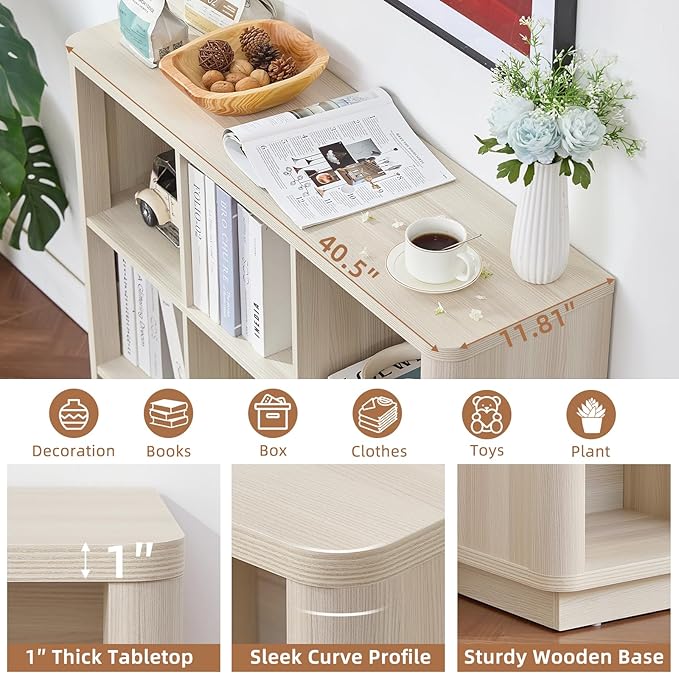 9 Cube Storage Book Shelf, 41" Tall Organizer Bookcase with Curved Edge, Wood Floor Standing 3-Tier Cubby Bookshelf with Base