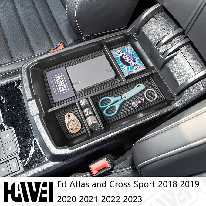 Center Console Organizer Compatible with VW Atlas and Cross Sport 2018 2019 2020 2021 2022 2023 Accessories, Interior ABS Armrest Storage Box Insert Tray (Not Fit 2024 2025), Black