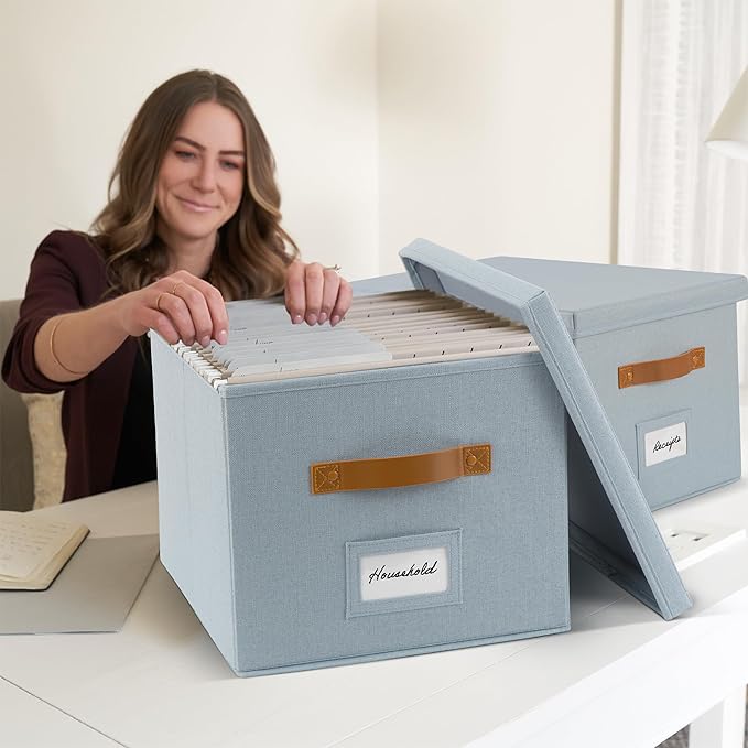 ZICOTO Decorative File Organizer Box Set of 2 - Collapsible Linen Filing Cabinets w/Handles Are Perfect to Store all Your Doc