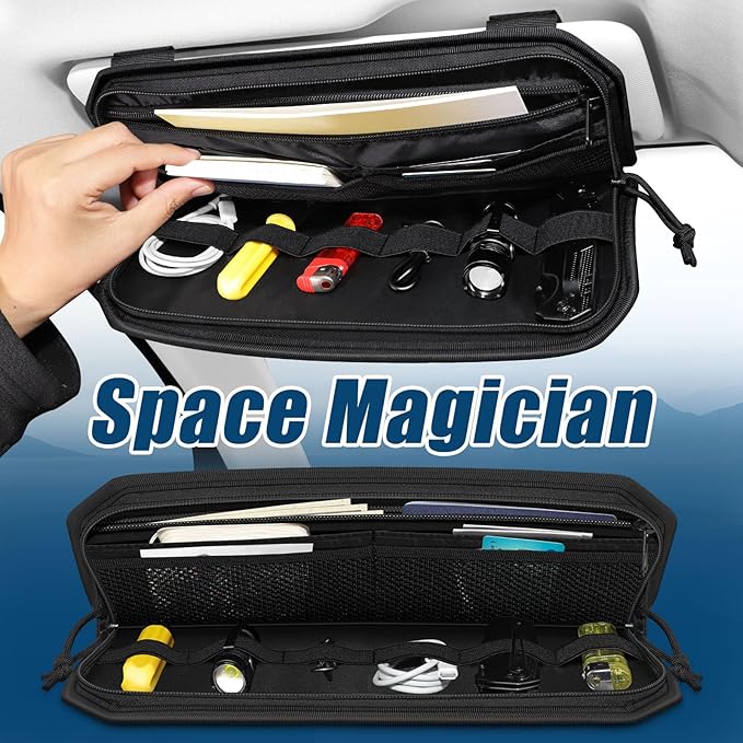 Car Sun Visor Organizer, Car Visor Organizer with Multi-Pocket Net Zipper, Sun Visor Storage with Multiple Storage Compartments for Universal Most Vehicles, 1 Pcs, Black