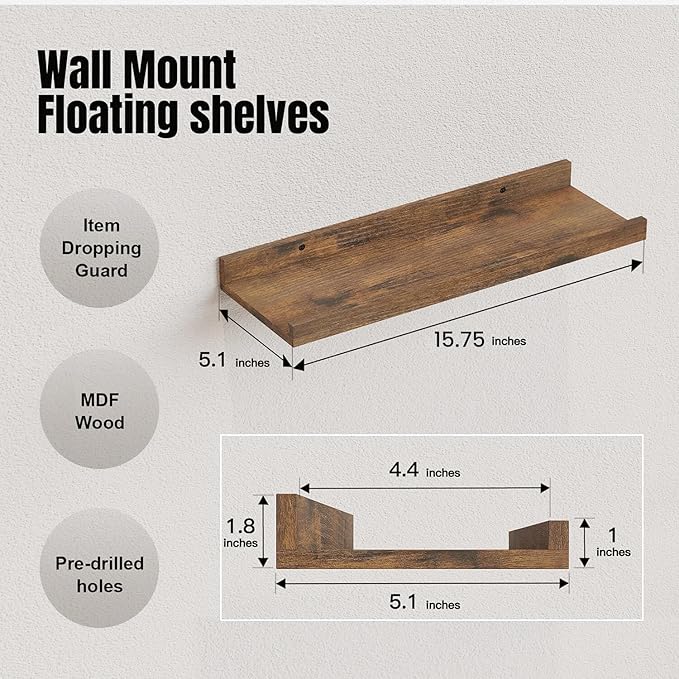 RICHER HOUSE 5 Set Floating Shelves for Wall Decor, Wall Mounted Book Shelf, Nursery Shelves Picture Ledge Shelf with Lip for