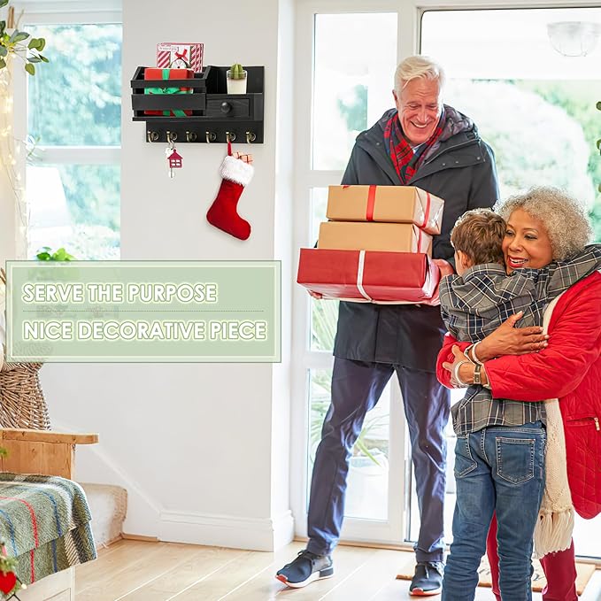 VIS'V Key Holder Wall Mount, Wooden Mail and Key Organizer with Drawer and Shelf, 2 Slots, 6 Hooks, Black