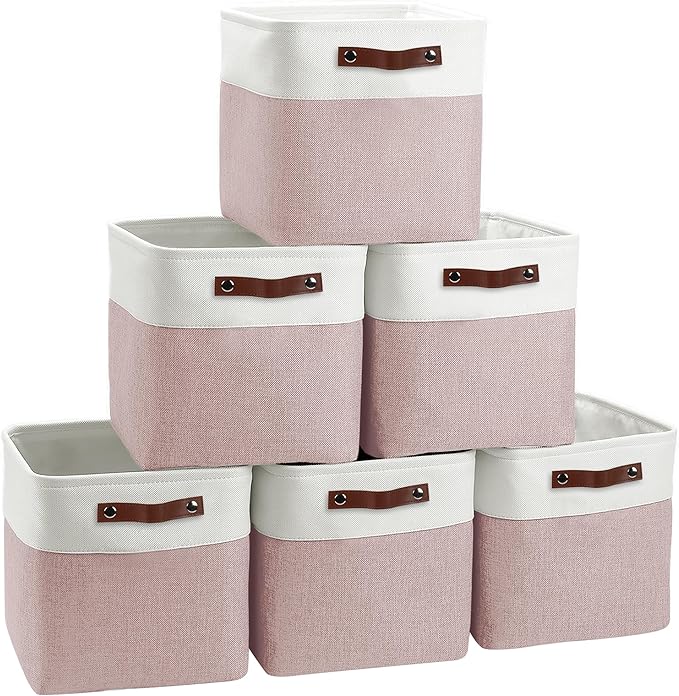 FinishingBo Cube Storage Baskets 6 Pack, 11x11 inch Cube Storage Bins with Leather Handles for Shelf Closet (White/ Pink)