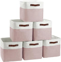 FinishingBo Cube Storage Baskets 6 Pack, 11x11 inch Cube Storage Bins with Leather Handles for Shelf Closet (White/ Pink)