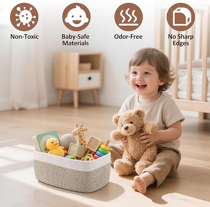 5-Pack Small Woven Rope Storage Baskets – 2 Sizes Organizer Bins for Closet, Shelf, Bookshelf, Nursery, Changing Table, Fabri