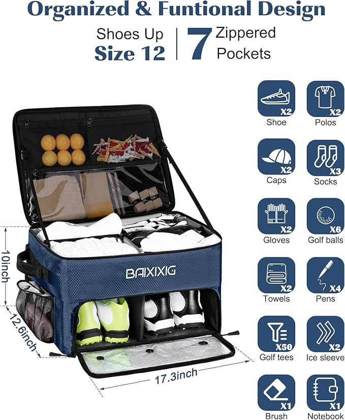 Golf Trunk Organizer, Waterproof Car Golf Locker with Separate Ventilated Compartment for 2 Pair Shoes, Golf Storage for Balls