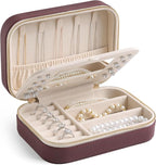 Genuine Leather Travel Jewelry Organizer Case with Mirror for Women, Small Mini Portable Jewelry Box for Ring Earrings Neckla