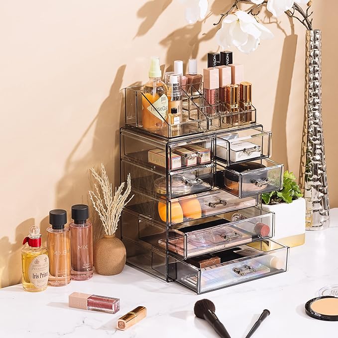 Sorbus Acrylic Makeup Organizer Set, 7-Drawer Vanity & Countertop Cosmetic Storage with Small & Wide Compartments, Black-Tint