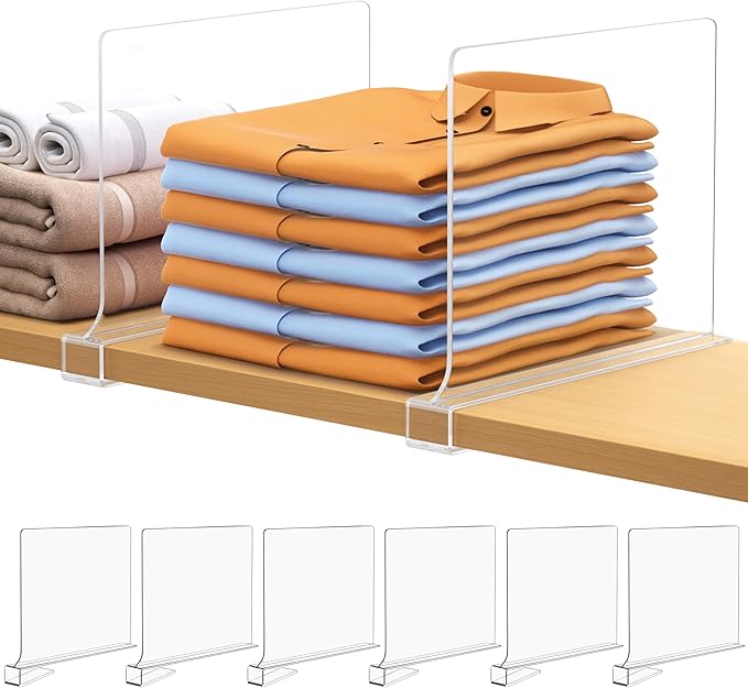 Aolloa 6 PCS Shelf Dividers for Closet Organization Acrylic Clear Closet Shelf Divider for Wooden Shelving Suitable for Woode
