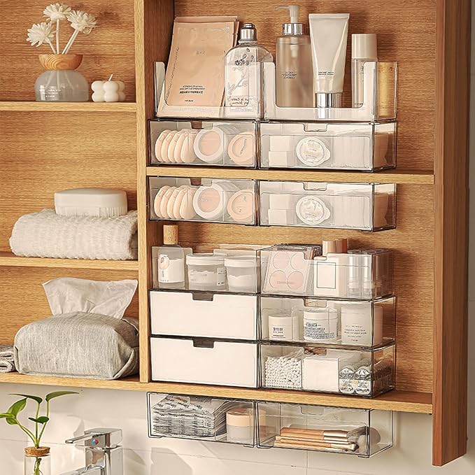 MORNITE Medicine Cabinet Drawer Organizer Set, 2-Tier Stackable Storage Drawers for Small Bathroom Mirror Toilet Wall Garage 