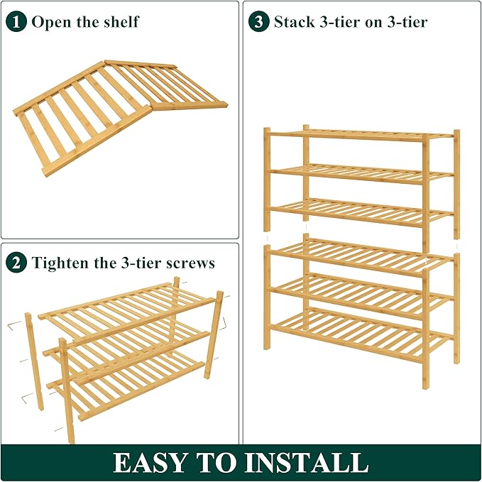 Smiry Bamboo Shoe Rack for Closet, 6 Tier Wooden Stackable Shoe Organizer, Free Standing Shoes Storage Shelf for Entryway, Fr