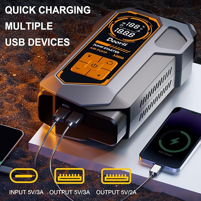 Jump Starter with Air Compressor, Car Jumper Starter Portable 6000A, 150PSI Tire Inflator/Air Pump, LED Flashlight for