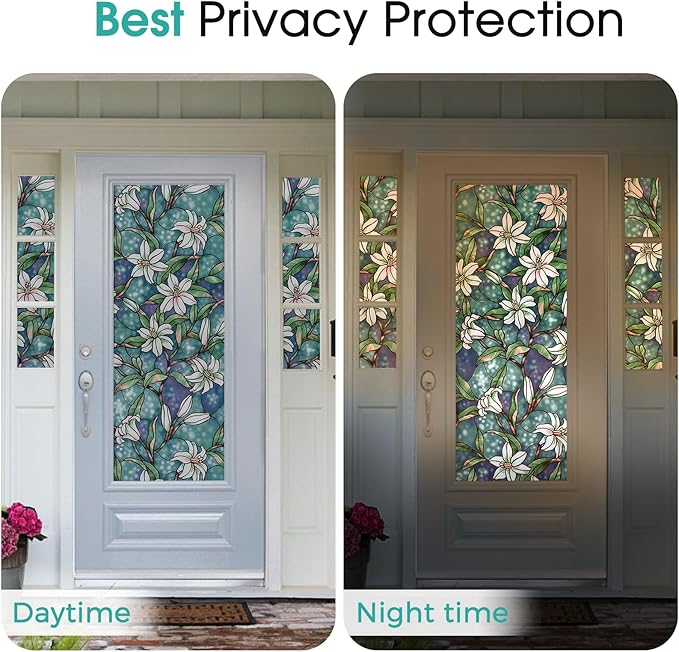 Coavas Static Cling Privacy Window Film, 96% UV & Heat Blocking, Stained Glass Window Film Floral Design, Non-Adhesive, for Bathroom, Front Door, Shower Enclosure‌ (Vinyl, 47.2" X 78.7 ")