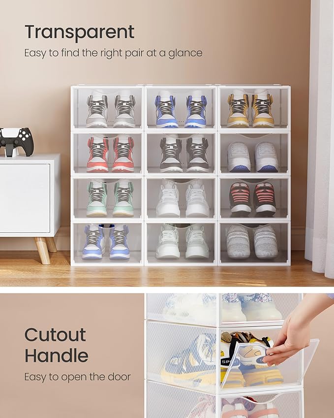 SONGMICS Shoe Boxes, Shoe Storage Organizers Rack for Closet, Plastic Stackable Sneaker Containers Case, 12 Pack, Transparent