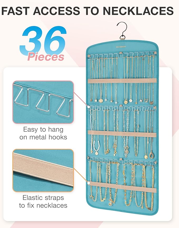 BAGSMART Hanging Jewelry Organizer, Necklace Holder Anti-tangle Earrings Rings Hanger with 20 Jewelry Bags Travel Storage Rol