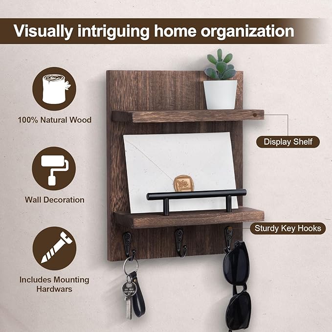 Key Holder Wall Mount, Mail Shelf Decor with 3 Key Hooks, Versatile Wood Wall Organizer for Entryway Hallway (8.2” x 10.6”x 3